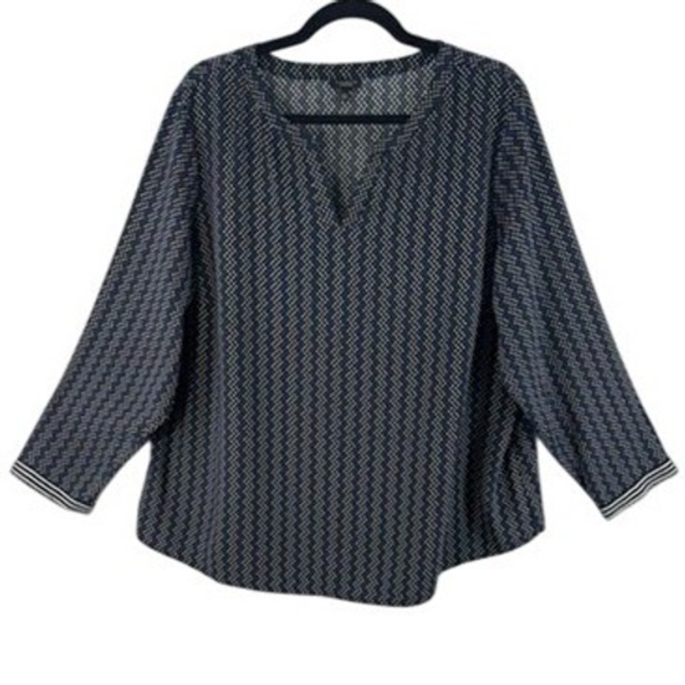 Talbots Petites Blouse Women 2XP Blue Geometric Split Neck Striped Cuff Career